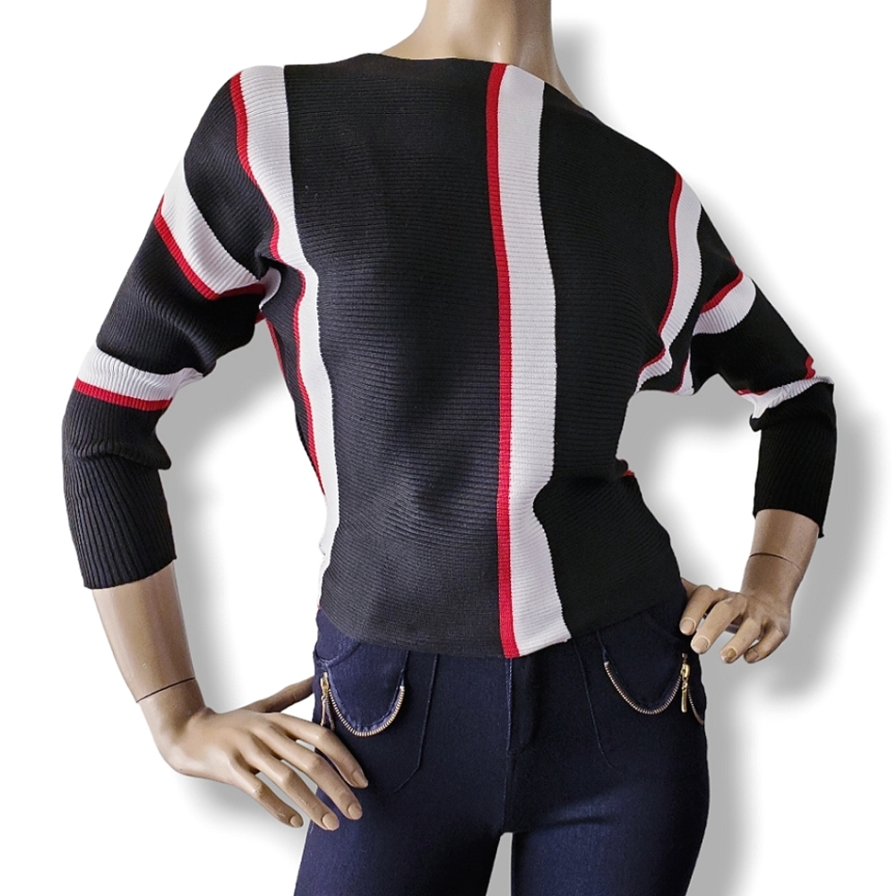 Pinklicious Black, Red, & White Ribbed Paneled & Striped Sweater Top